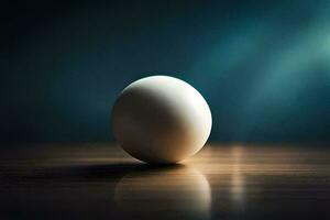 an egg on a table with a blue background. AI-Generated photo