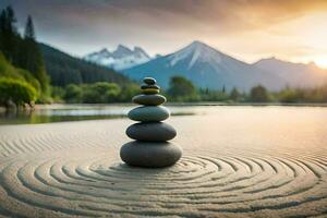 a stack of stones in the sand with mountains in the background. AI-Generated photo