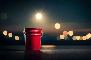 a red bucket sitting on the ground at night. AI-Generated photo