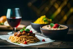 spaghetti with meat and sauce on a wooden table. AI-Generated photo