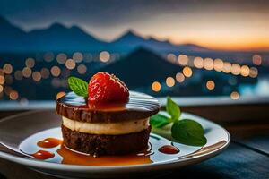 a dessert on a plate with a view of the city. AI-Generated photo