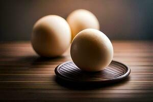 three eggs on a wooden tray. AI-Generated photo