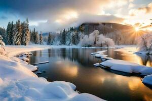 un río en el nieve. generado por ai foto