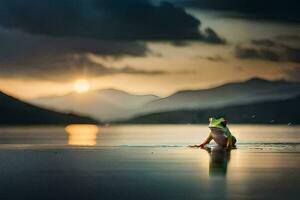 a frog sitting on the edge of a lake at sunset. AI-Generated photo