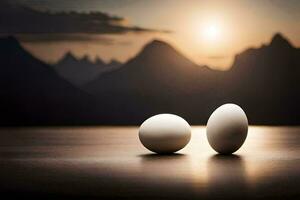 two eggs are sitting on a table in front of a mountain. AI-Generated photo