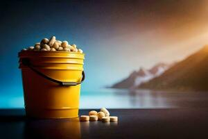 a bucket filled with peanuts and a mountain in the background. AI-Generated photo