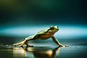 a frog is standing on its hind legs on a wet surface. AI-Generated photo