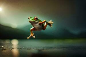 a frog jumping in the air with a light behind it. AI-Generated photo