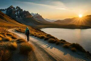 a person walking on a path in the mountains. AI-Generated photo