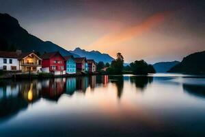 photo wallpaper the sky, mountains, water, houses, norway, the sky, mountains,. AI-Generated