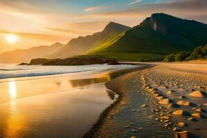 el Dom sube terminado el montañas y el playa en esta hermosa foto. generado por ai foto