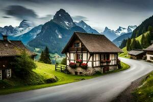 photo wallpaper the sky, mountains, road, house, mountains, house, mountains, house,. AI-Generated