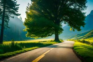 a road leading to a tree in the middle of a green field. AI-Generated photo