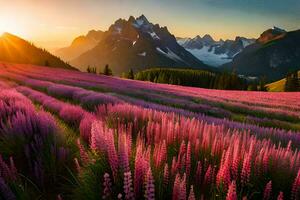 the sun sets over a field of purple flowers. AI-Generated photo