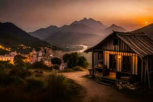 a small cabin sits on the side of a mountain at sunset. AI-Generated photo
