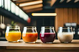 four different juices in glass jars on a table. AI-Generated photo