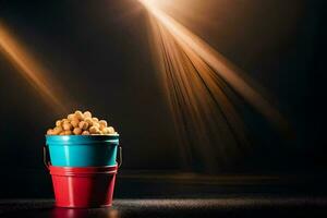a bucket of peanuts on a table. AI-Generated photo