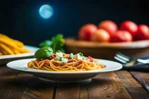 spaghetti with tomato sauce and vegetables on a wooden table. AI-Generated photo
