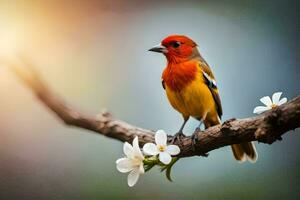 un vistoso pájaro se sienta en un rama con flores generado por ai foto