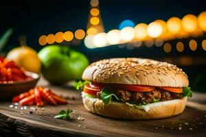 a hamburger with meat and vegetables on a wooden table. AI-Generated photo