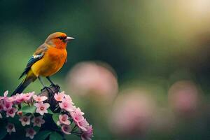 photo wallpaper the bird, flowers, nature, spring, the sun, flowers, bird, spring. AI-Generated