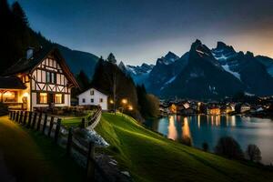 un casa se sienta en el borde de un lago a puesta de sol. generado por ai foto