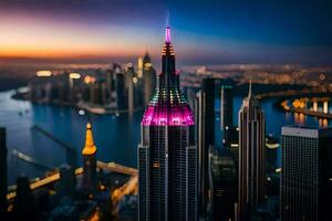 el imperio estado edificio es iluminado arriba en púrpura. generado por ai foto