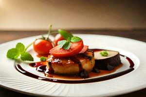 a plate with a scallop and tomato sauce. AI-Generated photo