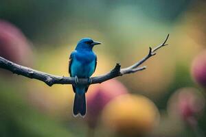 a blue bird sits on a branch in front of a blurred background. AI-Generated photo