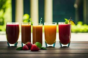 five different types of juices are lined up on a table. AI-Generated photo