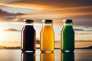 Tres botellas de jugo en un mesa con un puesta de sol en el antecedentes. generado por ai foto