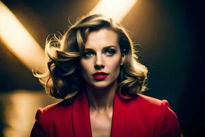 a woman in red jacket and red lipstick. AI-Generated photo