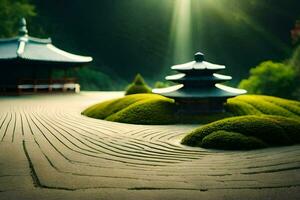 un japonés jardín con un pagoda y césped. generado por ai foto