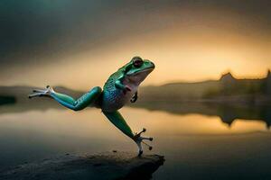 a frog jumping on a rock in front of a lake. AI-Generated photo