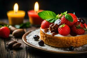 the cake is decorated with berries and nuts. AI-Generated photo