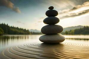 a stack of stones sitting on top of a lake. AI-Generated photo