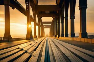 the sun is setting over a bridge with a long line of wooden benches. AI-Generated photo