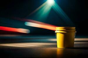 a yellow bucket sitting on a table in front of a blurry light. AI-Generated photo