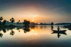 un hombre en un barco en un lago a amanecer. generado por ai foto