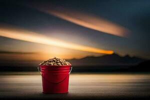 a red bucket filled with peanuts on the beach at sunset. AI-Generated photo