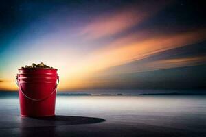 a red bucket with peanuts on the ground. AI-Generated photo