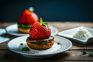 two small desserts with strawberries on top. AI-Generated photo
