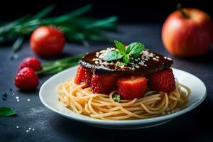 strawberry and chocolate sauce on a plate. AI-Generated photo