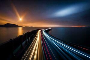 a long exposure photograph of a bridge with light trails. AI-Generated photo