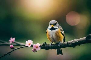 a bird sits on a branch with pink flowers. AI-Generated photo