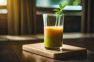 a glass of juice on a wooden table. AI-Generated photo