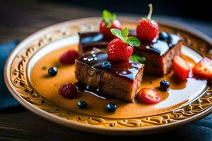 a plate with chocolate cake and berries on it. AI-Generated photo