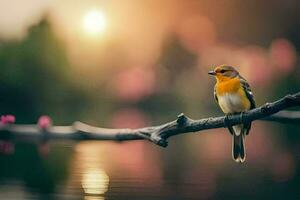 a bird sits on a branch in front of a lake. AI-Generated photo