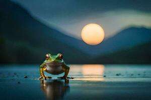 a frog standing on the water with the sun setting behind it. AI-Generated photo