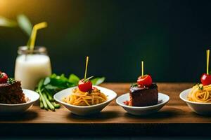 a wooden table with four plates of food. AI-Generated photo